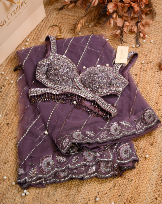 Deep Mauve Purple Hand-Embroidered Saree
