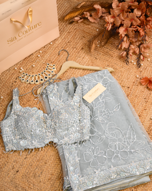Powder Blue Hand-Embroidered Saree